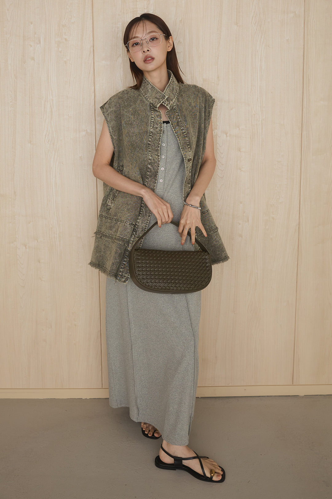 [SET]ケミカルデニムヘムカットオフジレ+ノースリロングワンピース(2set)