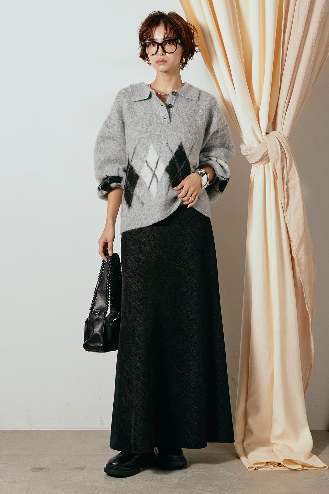 [SET]アーガイル柄ポロニットトップス+スウェードライクロングスカート(2set)