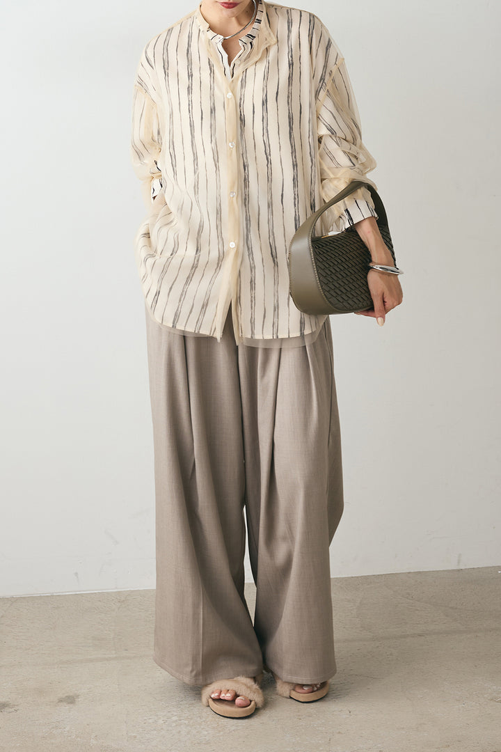 [SET]バンドカラー手書き風ライン柄シャツ+バンドカラー重ねシアーシャツ+フェイクレザーベルトセンタータックパンツ(3set)
