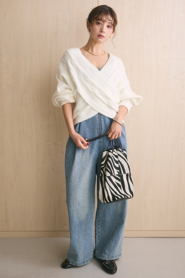 [SET]ケーブルカシュクールニットトップス+フロントジップストラップデザインデニムサロペット(2set)