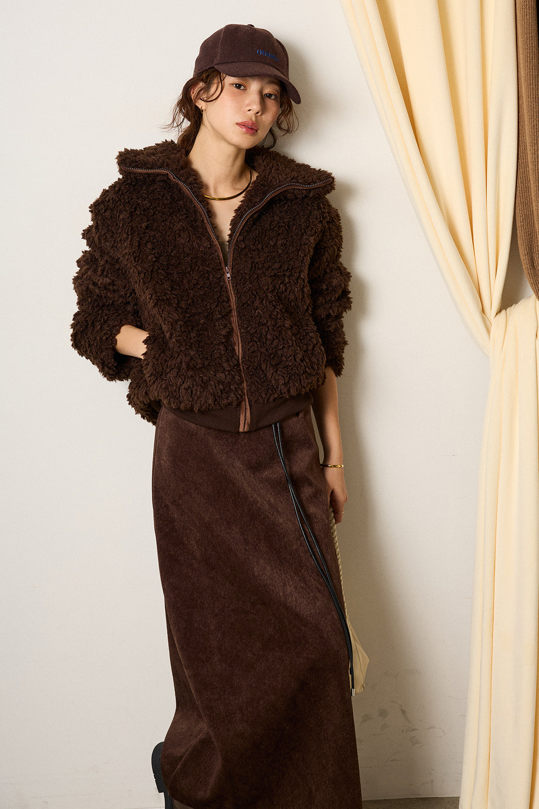 [SET]スタンドカラー裾リブボアブルゾン+ロープベルト付きスウェード調スカート(2set)