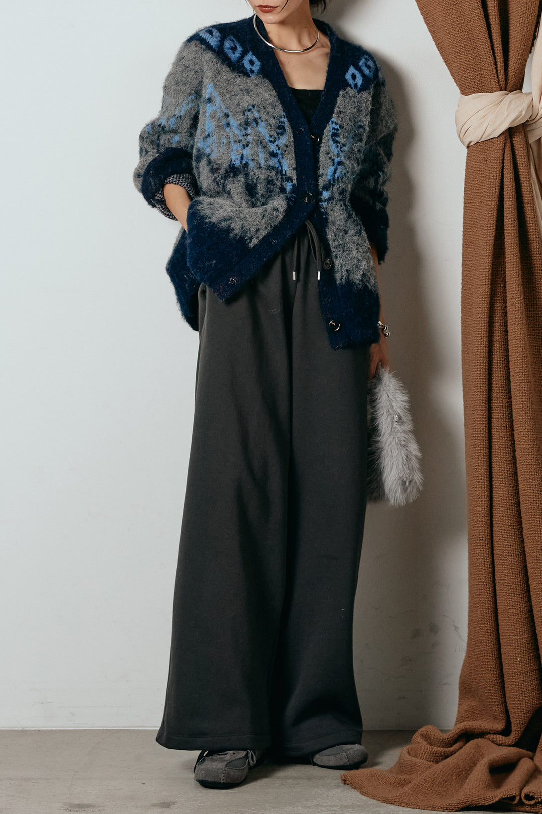 [SET]シャギーニュアンス柄ニットカーディガン+裏起毛スウェットワイドパンツ(2set)