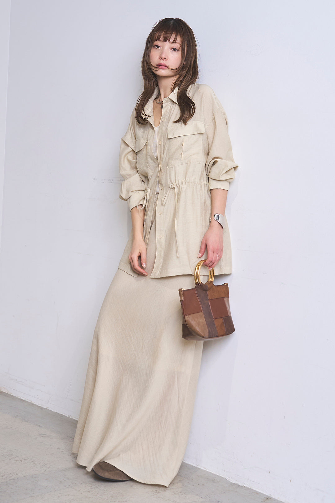 [SET]リネンブレンドシアーサファリシャツ+リネンブレンドロングナロースカート(2set)