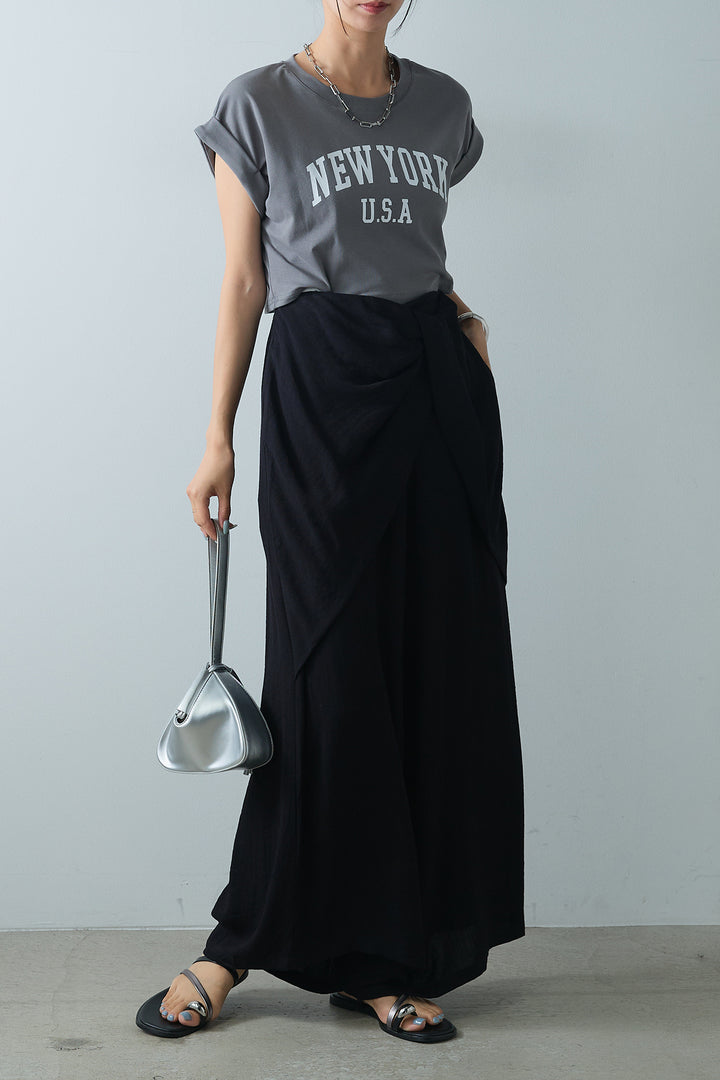 [SET]ショート丈NEWYORKロゴTシャツ+ねじりデザインワイドパンツ(2set)