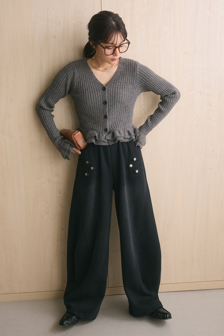[SET]アルパカタッチボタンフリルカーディガン+ナポレオンディテールカーブパンツ(2set)