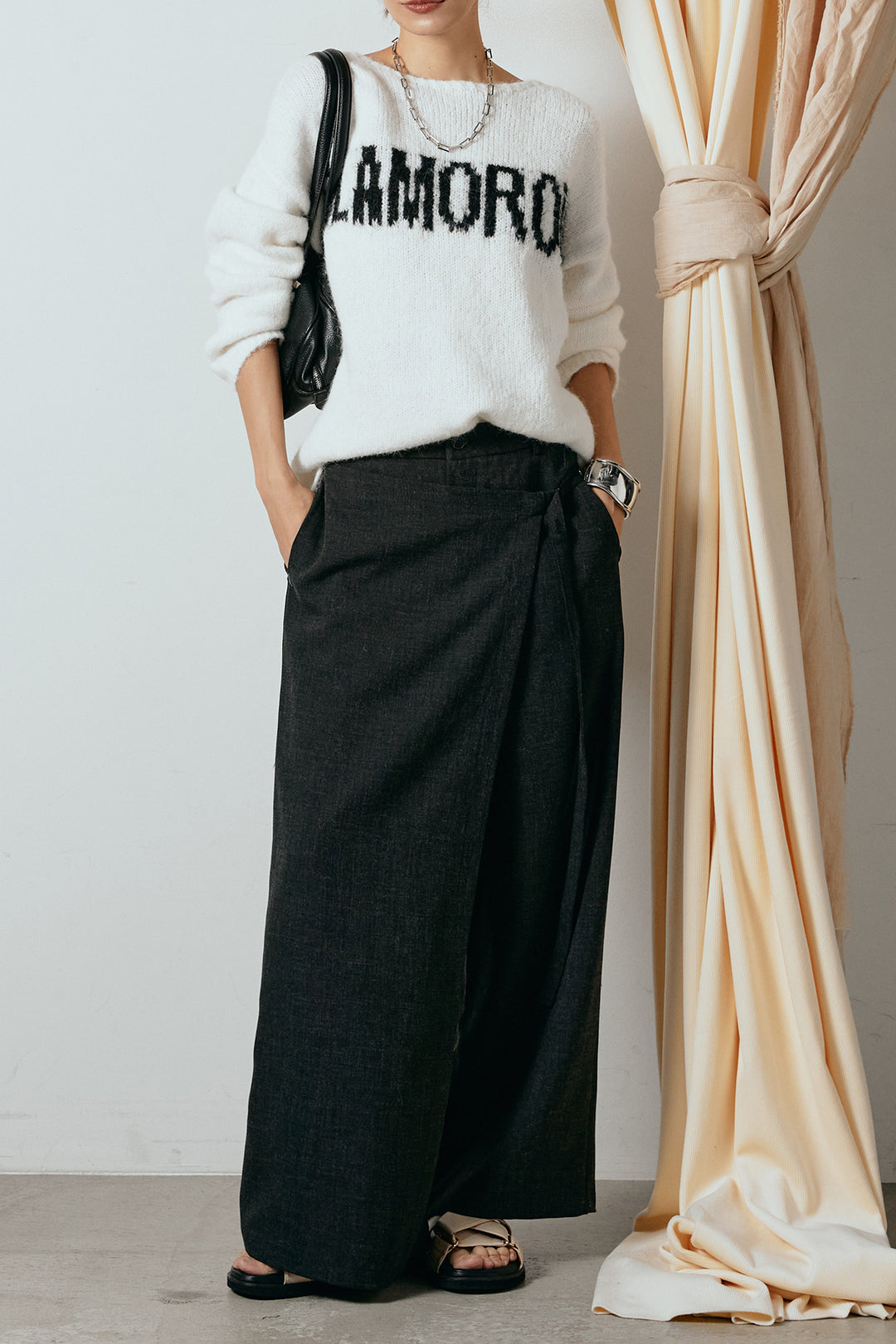 [SET]フロントロゴデザインニットトップス+ラップ巻きワイドスラックス(2set)