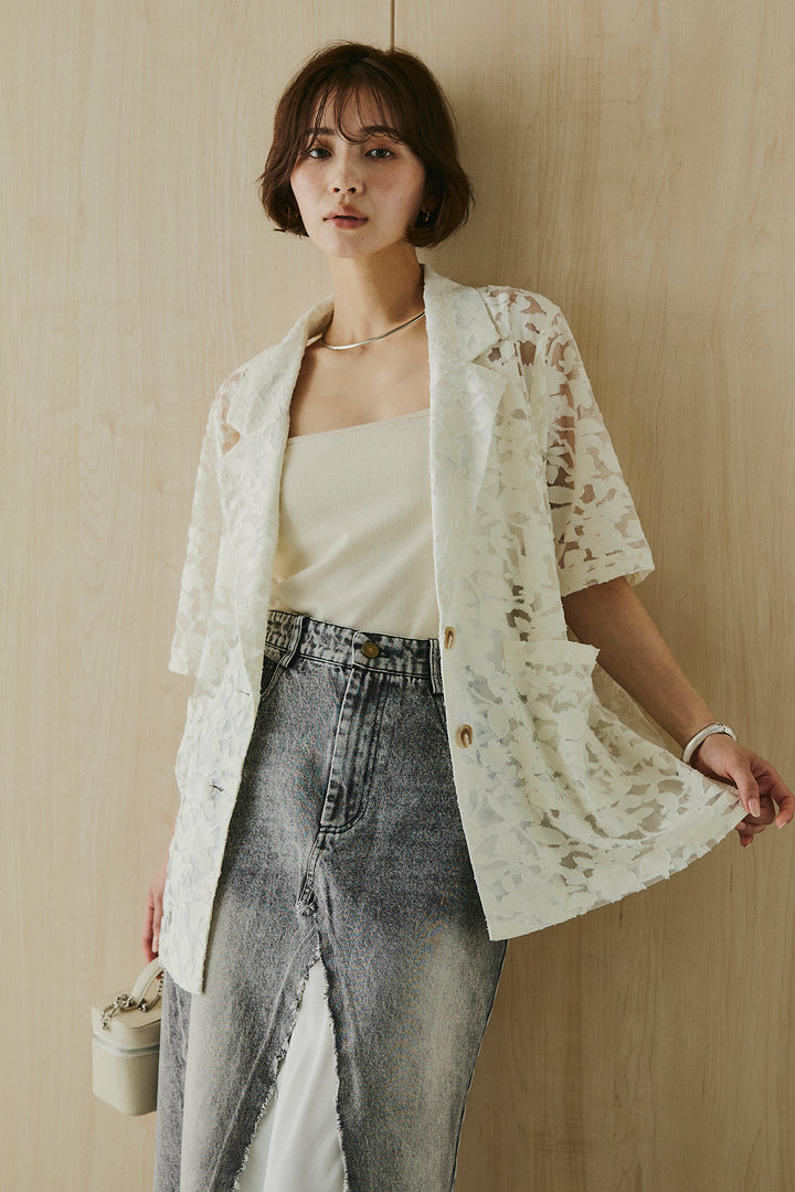 [SET]シアージャガードハーフスリーブテーラードジャケット+サテン切り替えデニムスカート(2set)