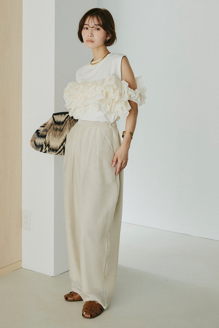 [SET]天竺ナイロンドッキングビスチェ風トップス+オーガンジータックパンツ(2set)