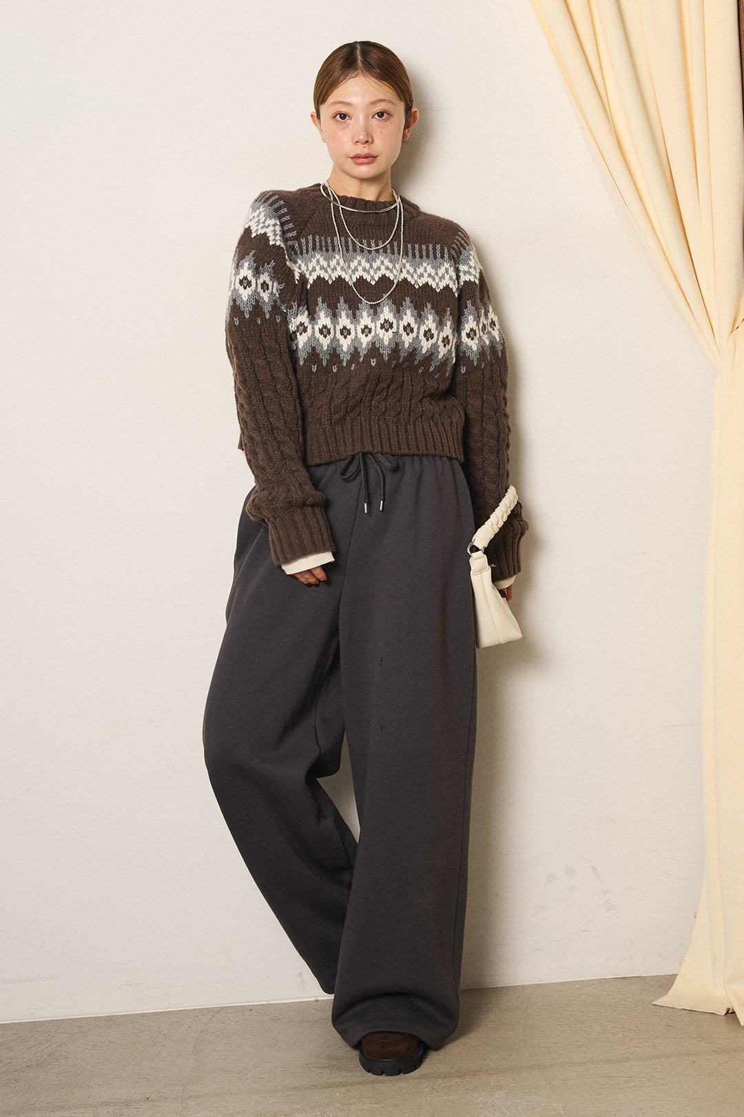 [SET]2WAY求心柄ジャガードショートカーディガン+裏起毛スウェットワイドパンツ+2WAY袖コード刺繍クルーネックプルオーバー(3set)