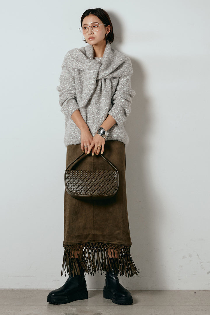 [SET]スカーフ付きミックスニットトップス+スウェードライク裾フリンジスカート(2set)