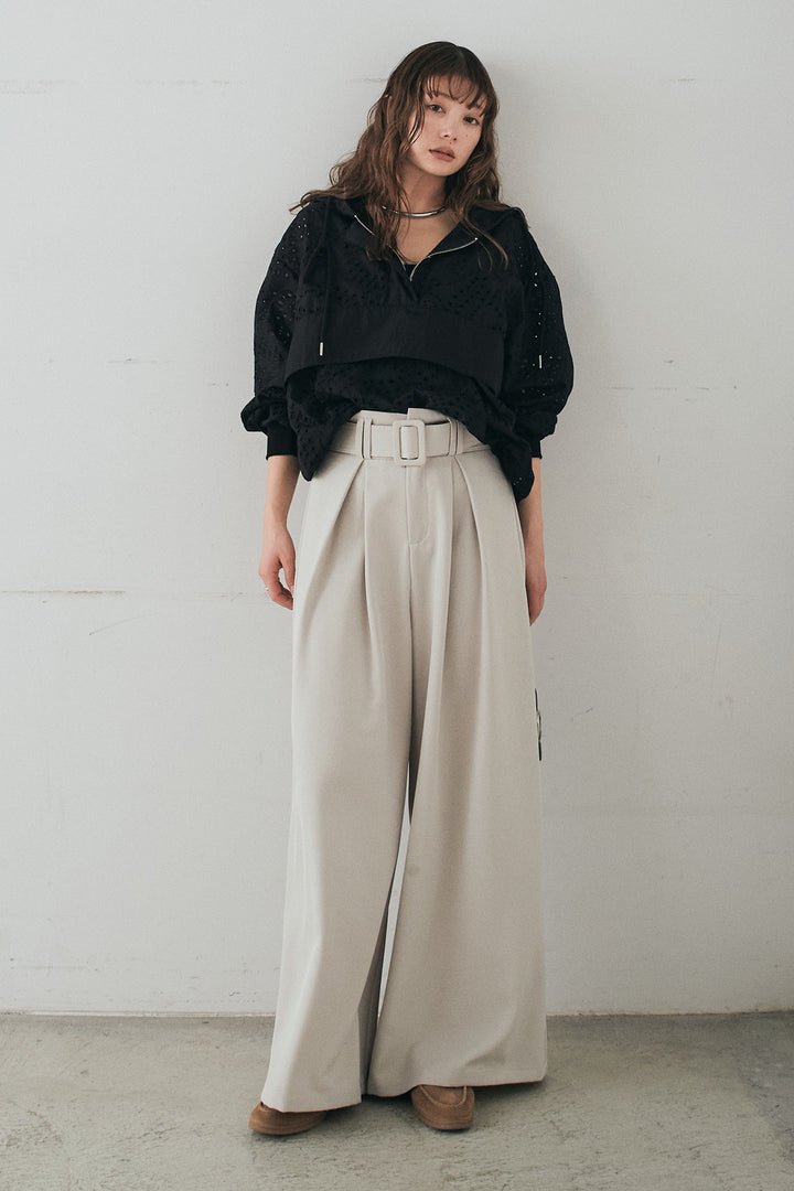 [SET]レースハーフジップアップフーディー+ベルト付きツータックワイドパンツ(2set)