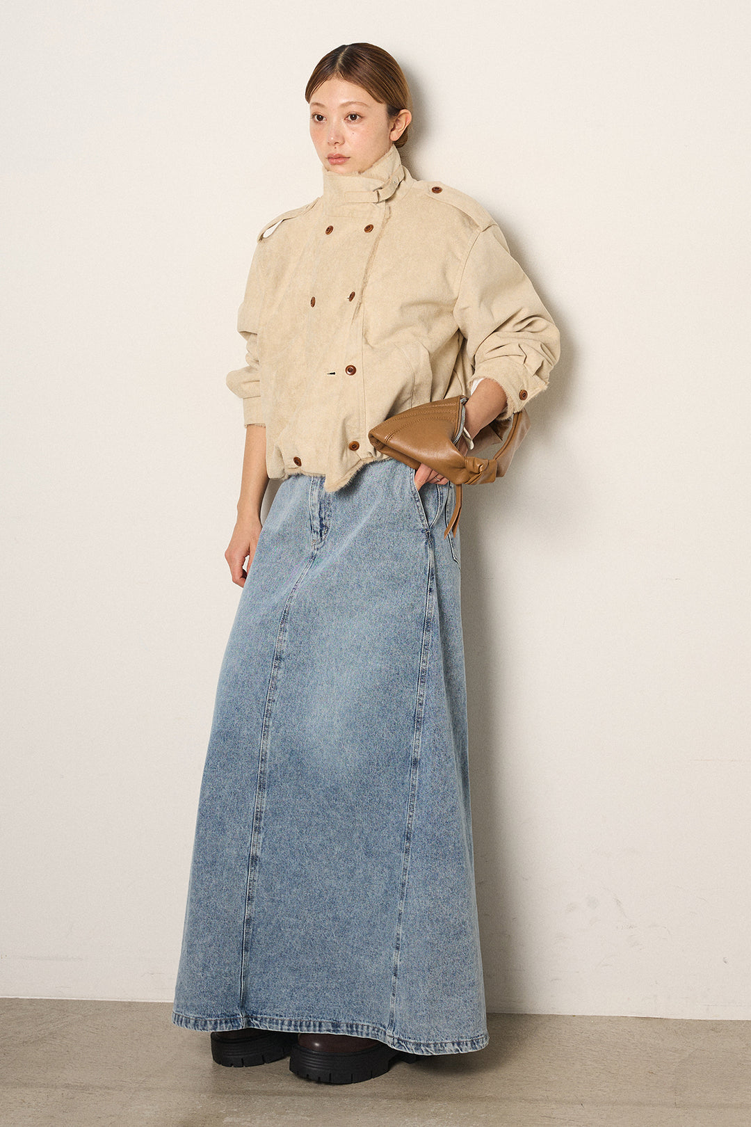 [SET]スタンド襟スウェードライクアウター+デニムロングフレアスカート(2set)
