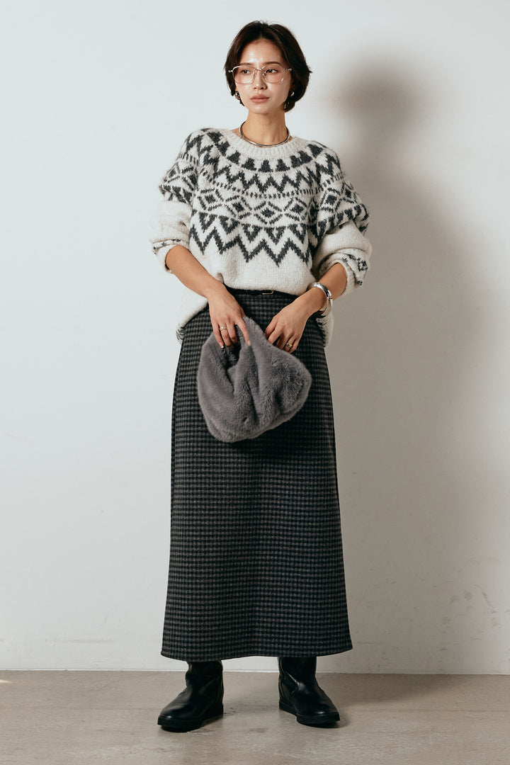 [SET]ノルディック柄Uネックプルオーバー+スエード調ベルト付きチェックナロースカート(2set)