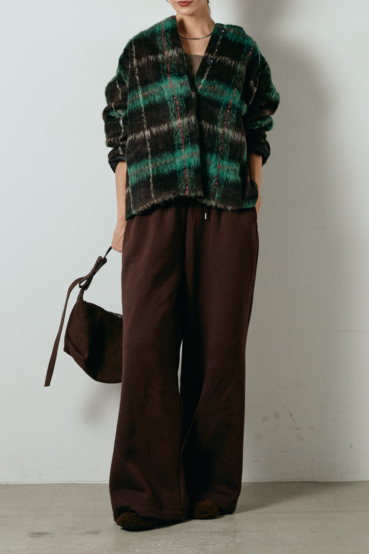 [SET]ノーカラーシャギーチェックアウター+裏起毛スウェットワイドパンツ(2set)