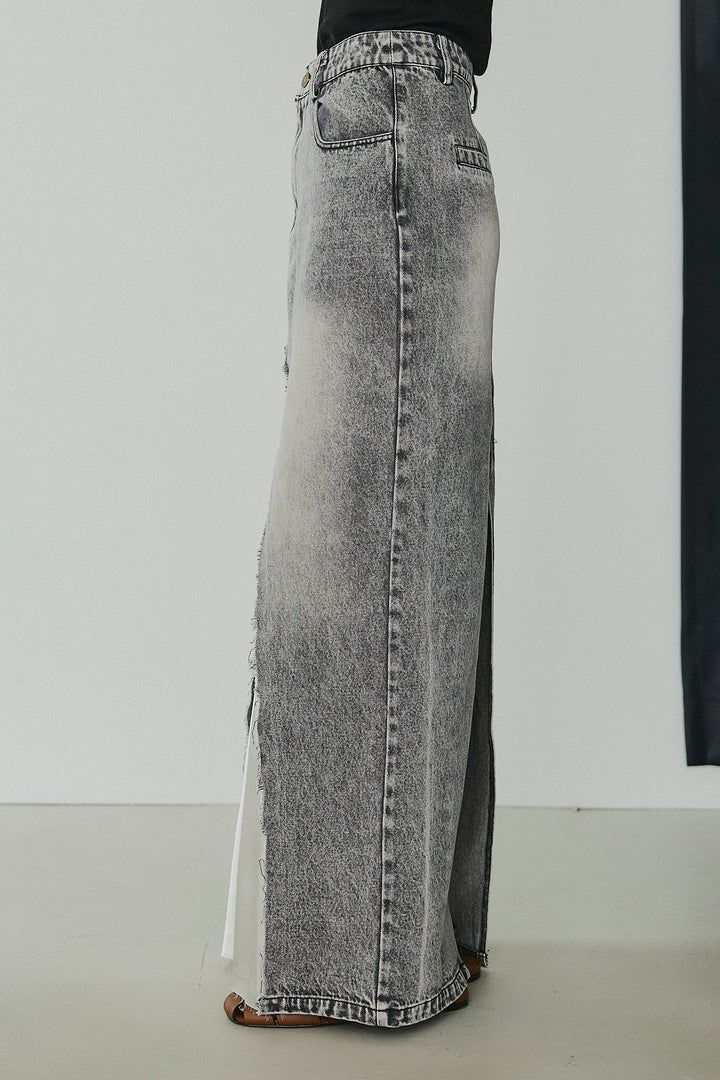 サテン切り替えデニムスカート