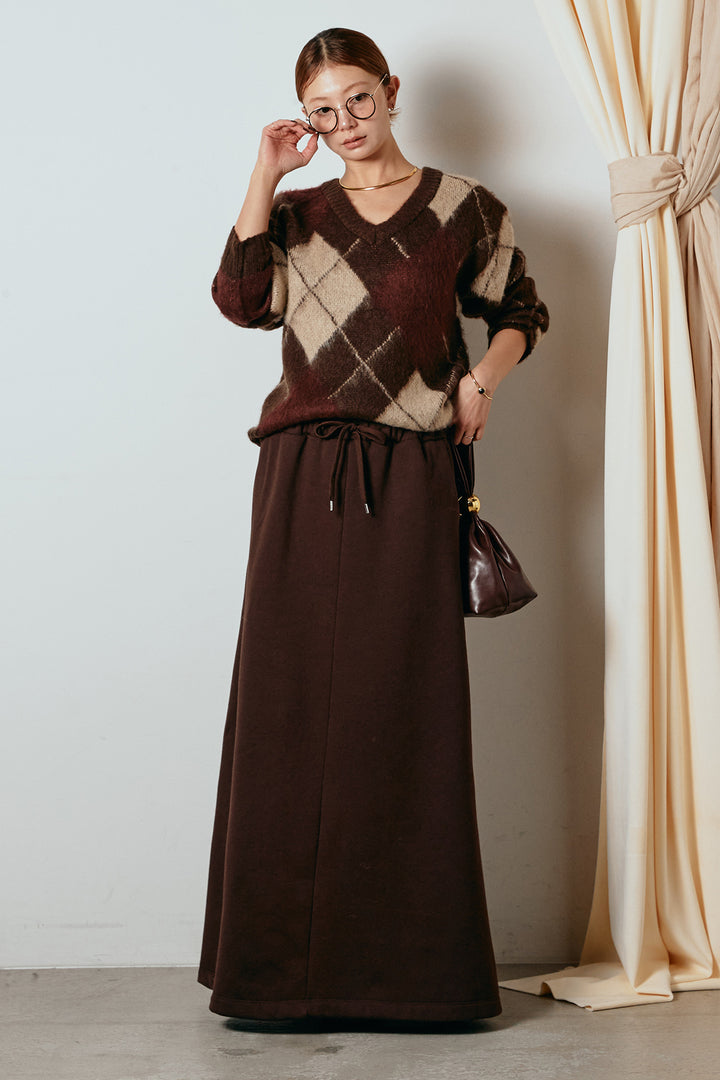 [SET]アクリルモヘアアーガイルVネックプルオーバー+裏起毛スウェットロングマキシスカート(2set)