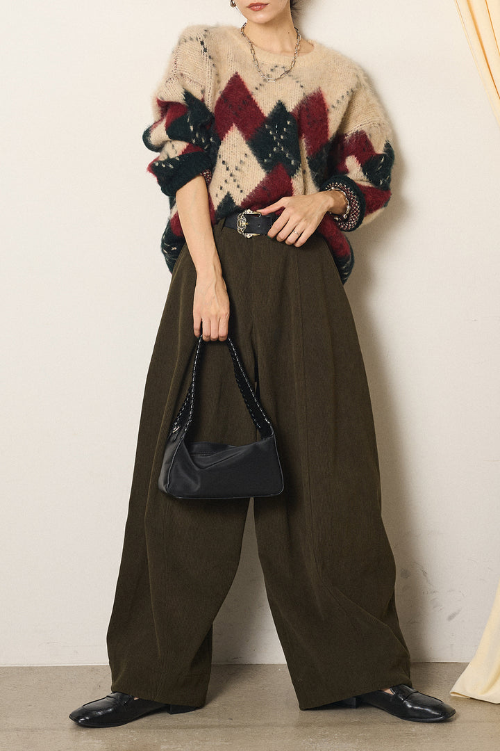 [SET]配色アーガイル柄ニットトップス+ベルト付きコーデュロイワイドパンツ(2set)