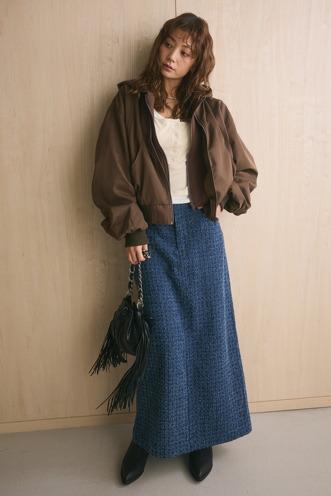 [SET]フード付きMA1 +配色ヘンリーネックタンクトップ+ドットダメージデニムスカート(3set)