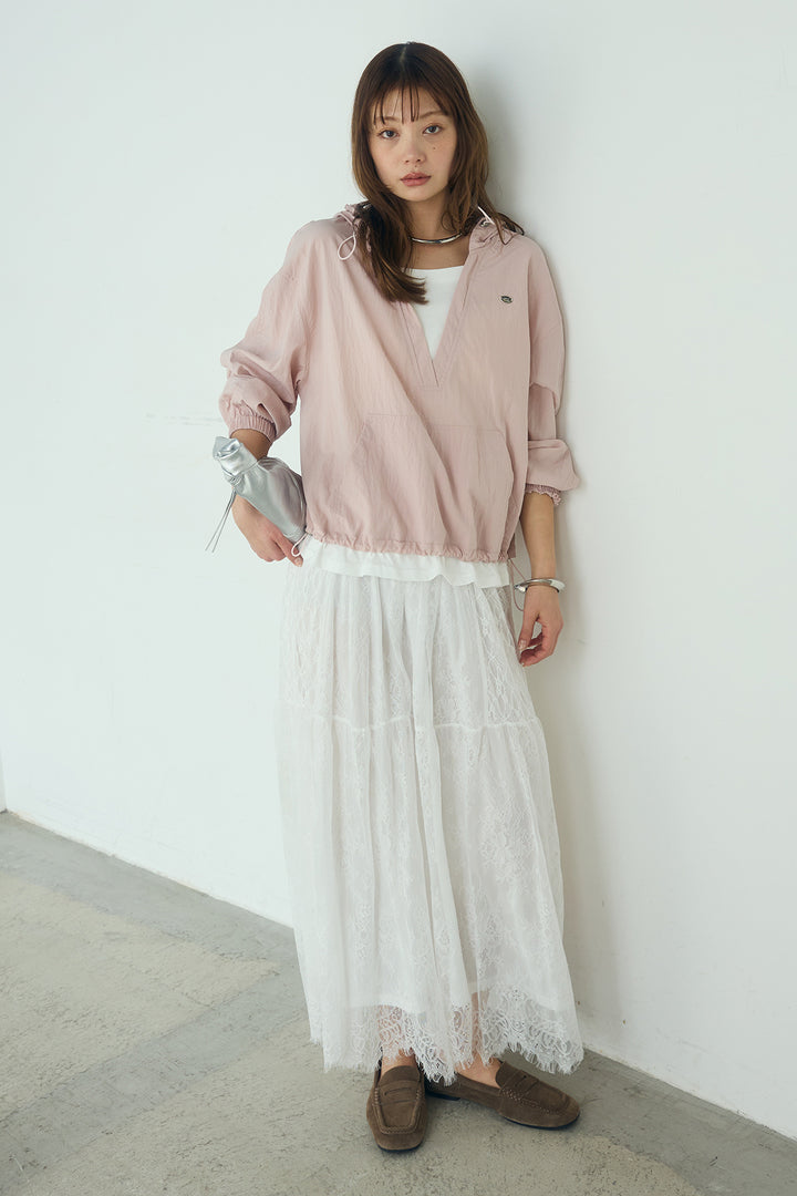 [SET]レイヤードデザインフーディートップス+ひげレース切替ロング丈スカート(2set)