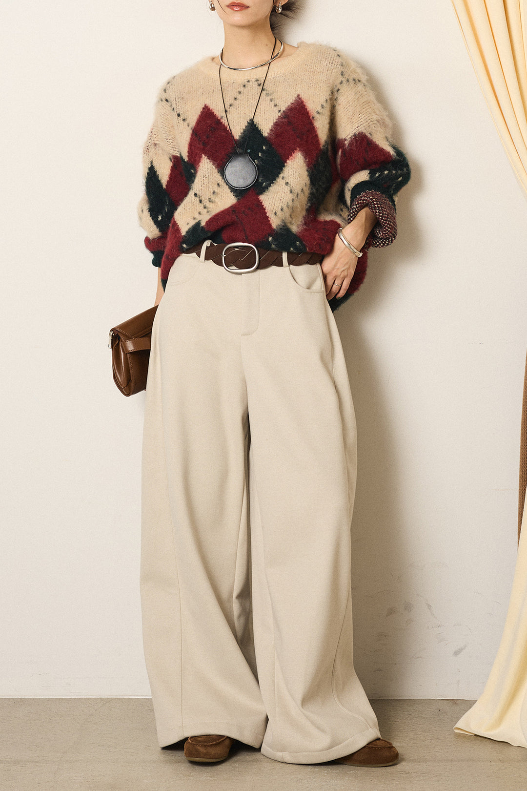 [SET]配色アーガイル柄ニットトップス+編みベルト付きワイドパンツ(2set)
