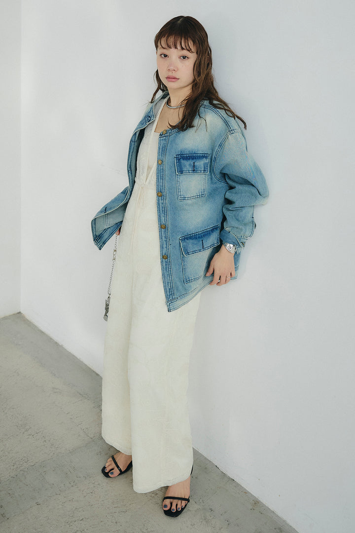 [SET]ノーカラーデニムポケットジャケット+レースサロペット(2set)