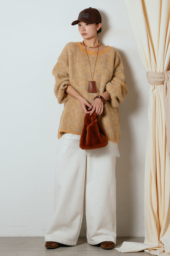 [SET]ボリュームスリーブミックスニットトップス+裏起毛スウェットワイドパンツ(2set)