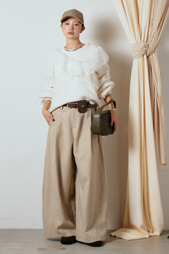 [SET]アシンメトリーフリルニットトップス+ポーチベルト付きカーブパンツ(2set)
