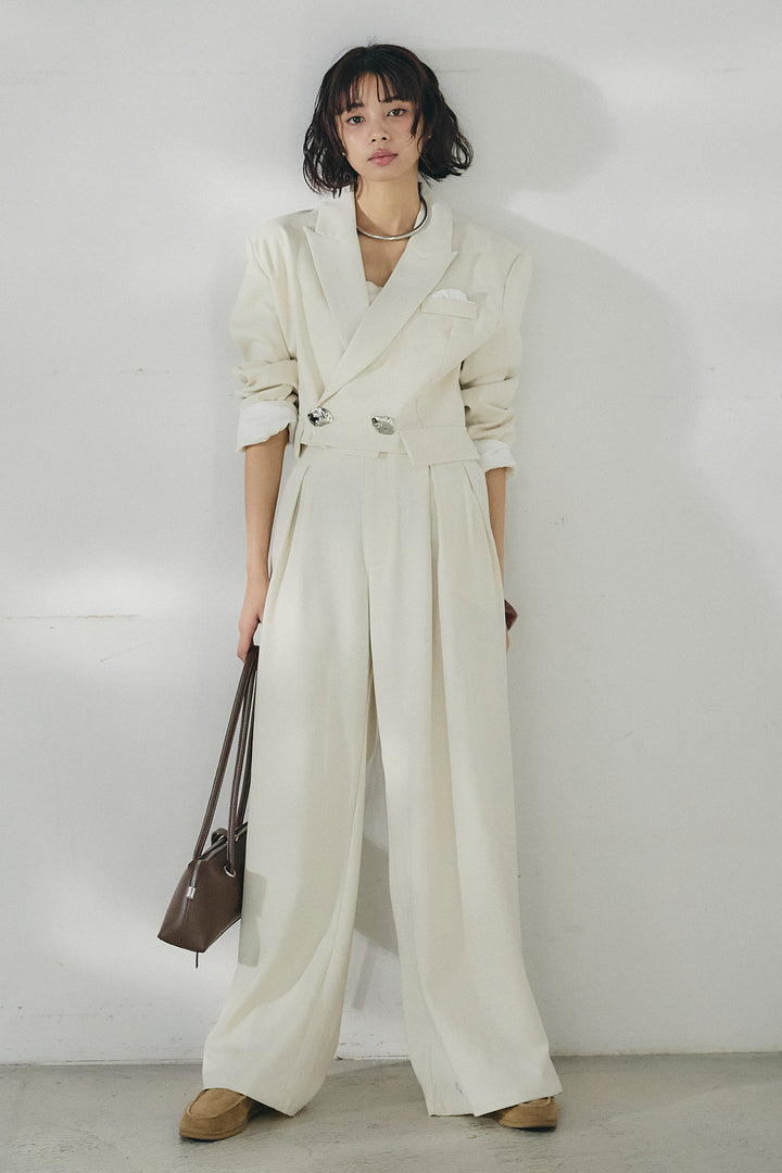 [SET]メタルプレートショート丈ジャケット+メタルプレートタックワイドパンツ(2set)