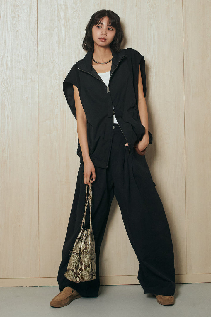 [SET]ショルダー切替スタンドネックジップベスト+コットンポリツータックセンターシームカーブパンツ(2set)