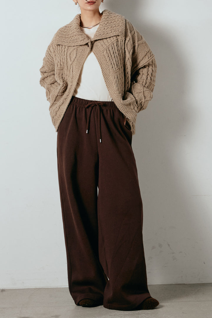 [SET]ビッグカラーケーブル編みニットトップス+2WAY袖コード刺繍クルーネックプルオーバー+裏起毛スウェットワイドパンツ(3set)