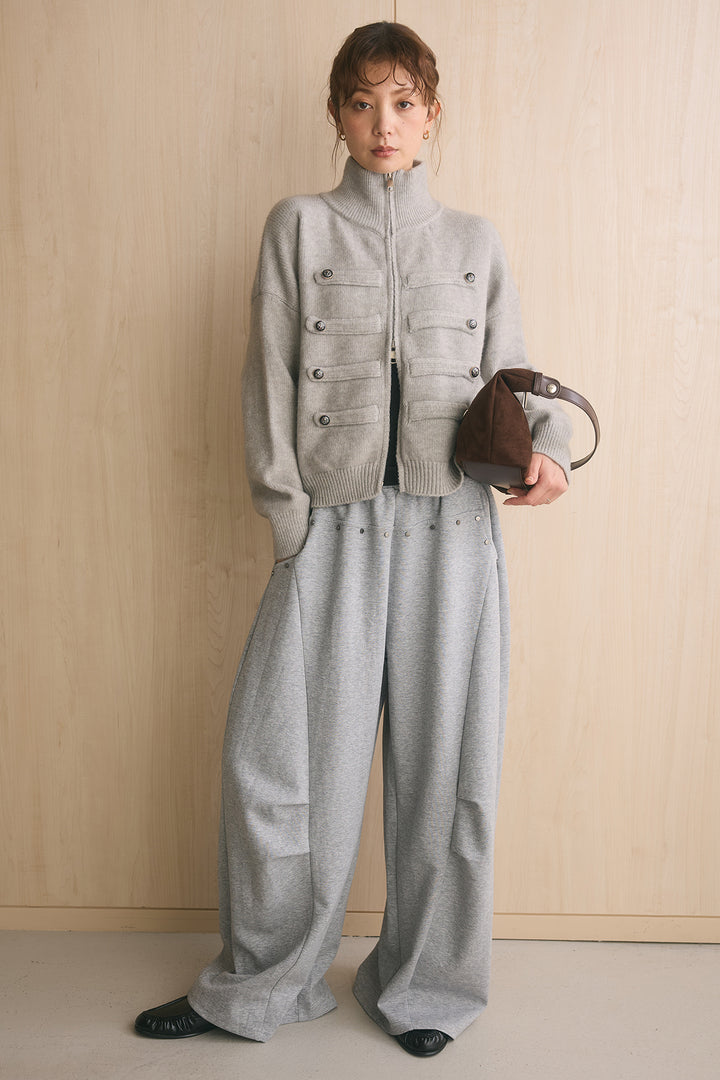 [SET]ナポレオンボタンハイネックニットブルゾン+スタッズ付きニーサイドタックスウェットパンツ(2set)