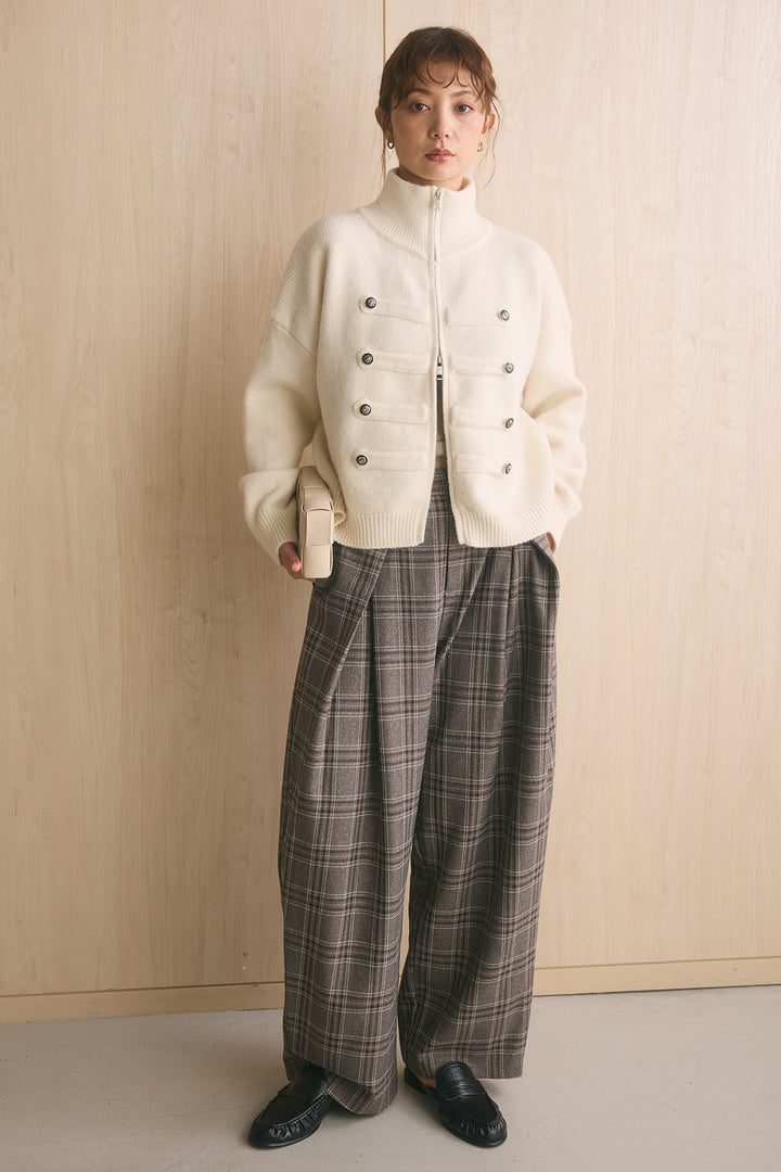 [SET]ナポレオンボタンハイネックニットブルゾン+ブリティッシュチェックバレルパンツ(2set)