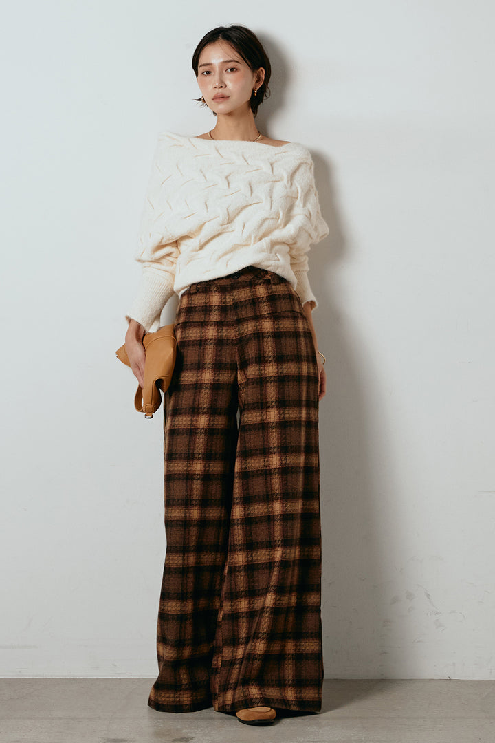 [SET]ボートネックニットトップス+ルーズタータンチェックワイドパンツ(2set)