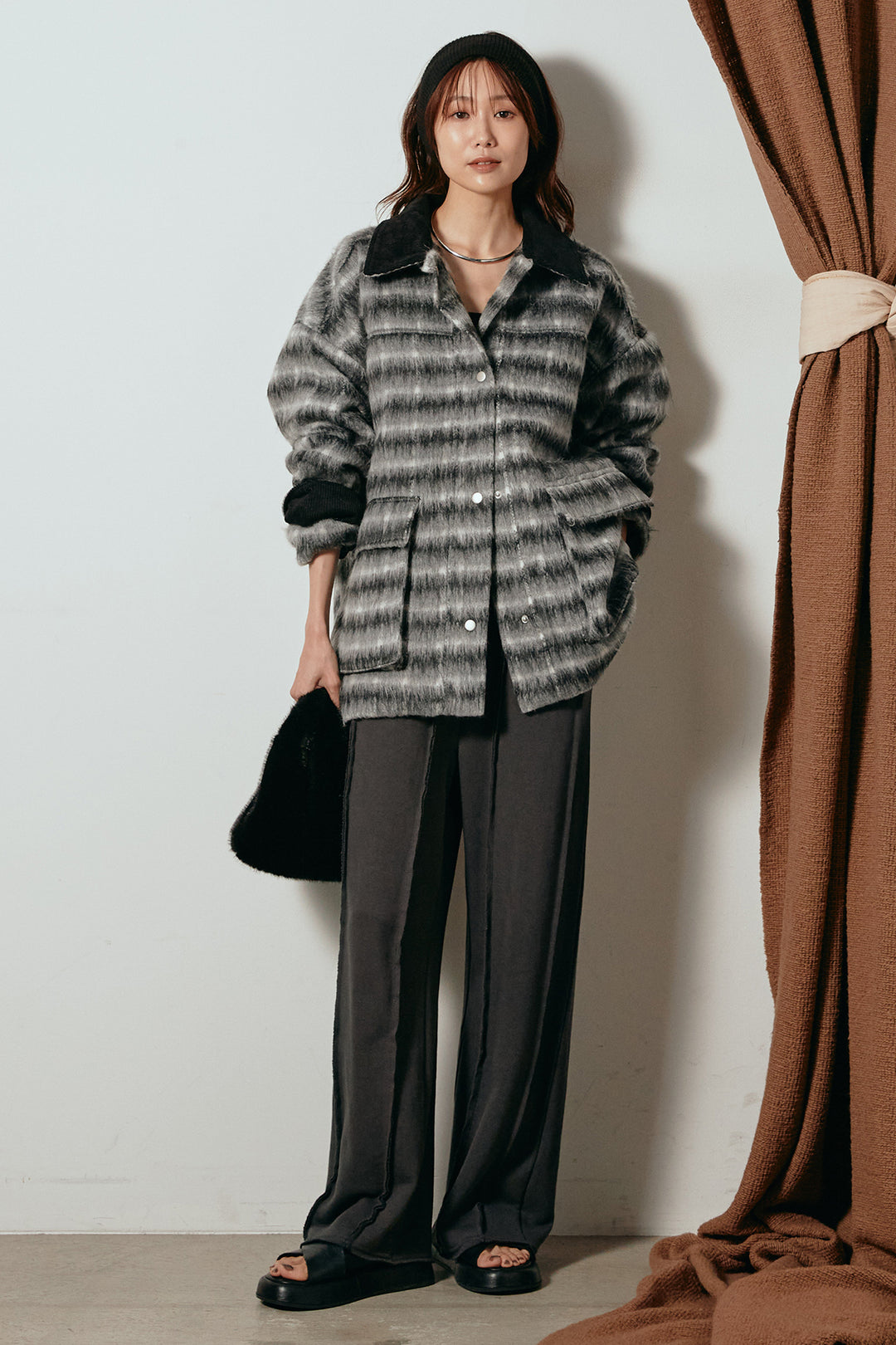 [SET]チェックシャギーミドルカバーオール+フロントラインデザインワイドスウェットパンツ(2set)