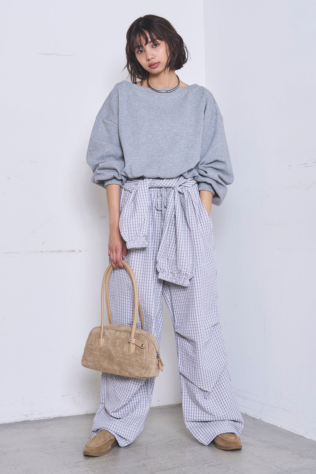 [SET]ワンショルスウェットプルオーバー+チェックウエスト巻きジョガーパンツ(2set)