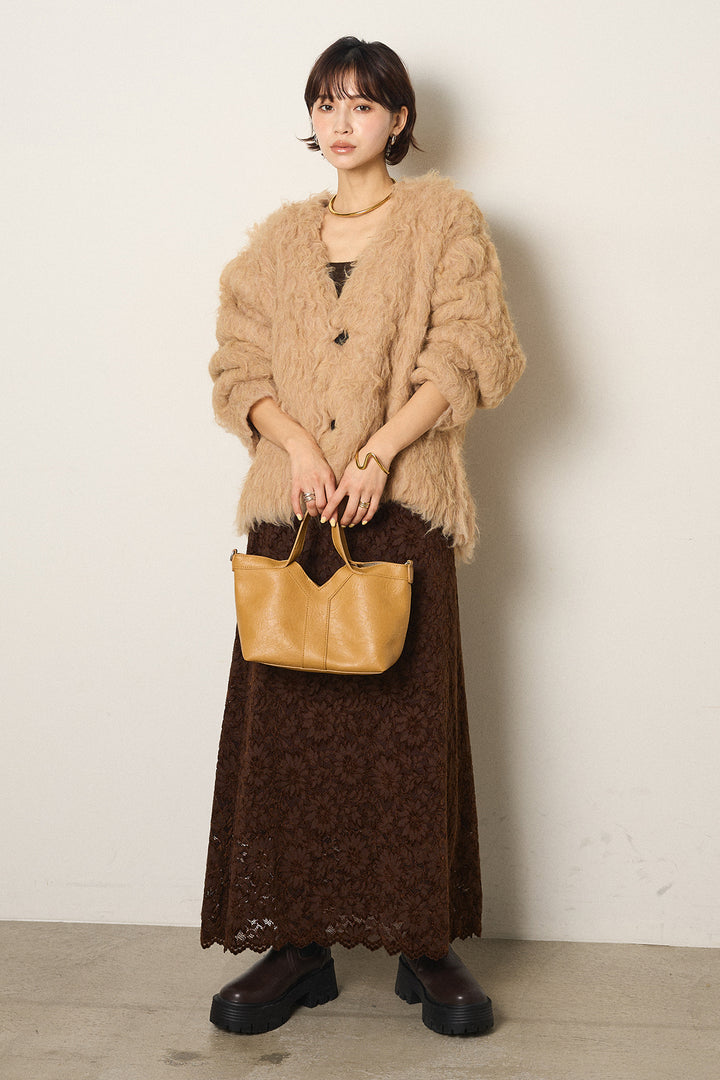 [SET]起毛シャギーニットカーディガン+花柄刺繍ベロアフレアスカート(2set)