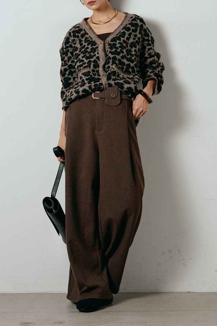 [SET]ステッチデザインレオパードニットカーディガン+ポーチベルト付きカーブパンツ(2set)