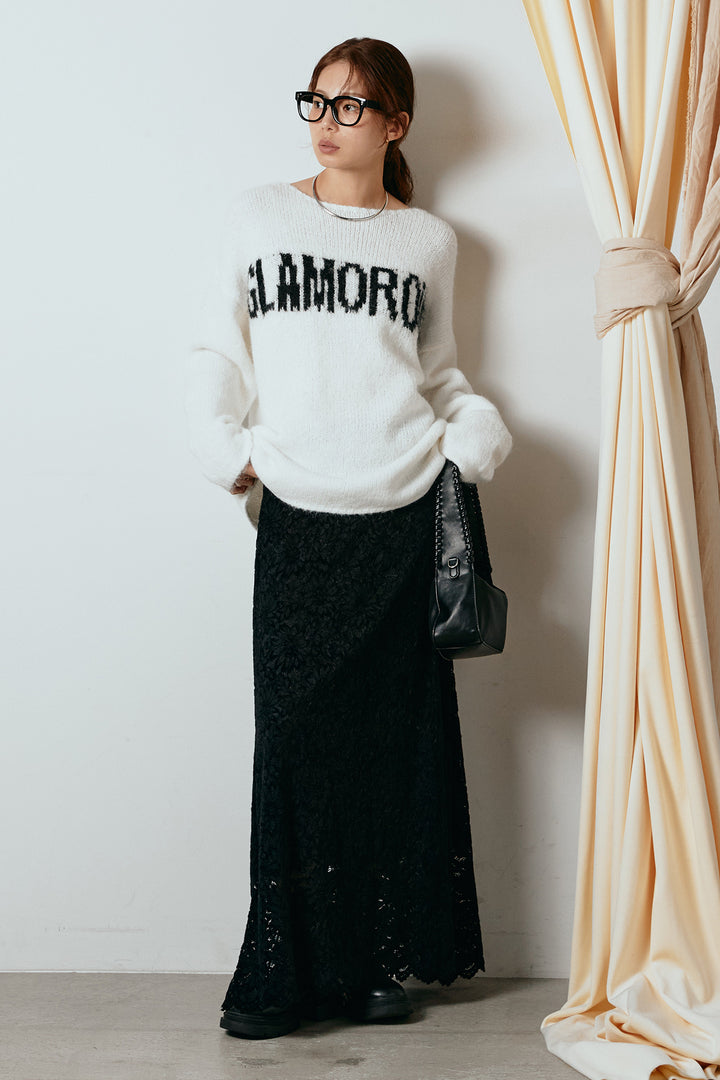 [SET]フロントロゴデザインニットトップス+花柄刺繍ベロアフレアスカート(2set)