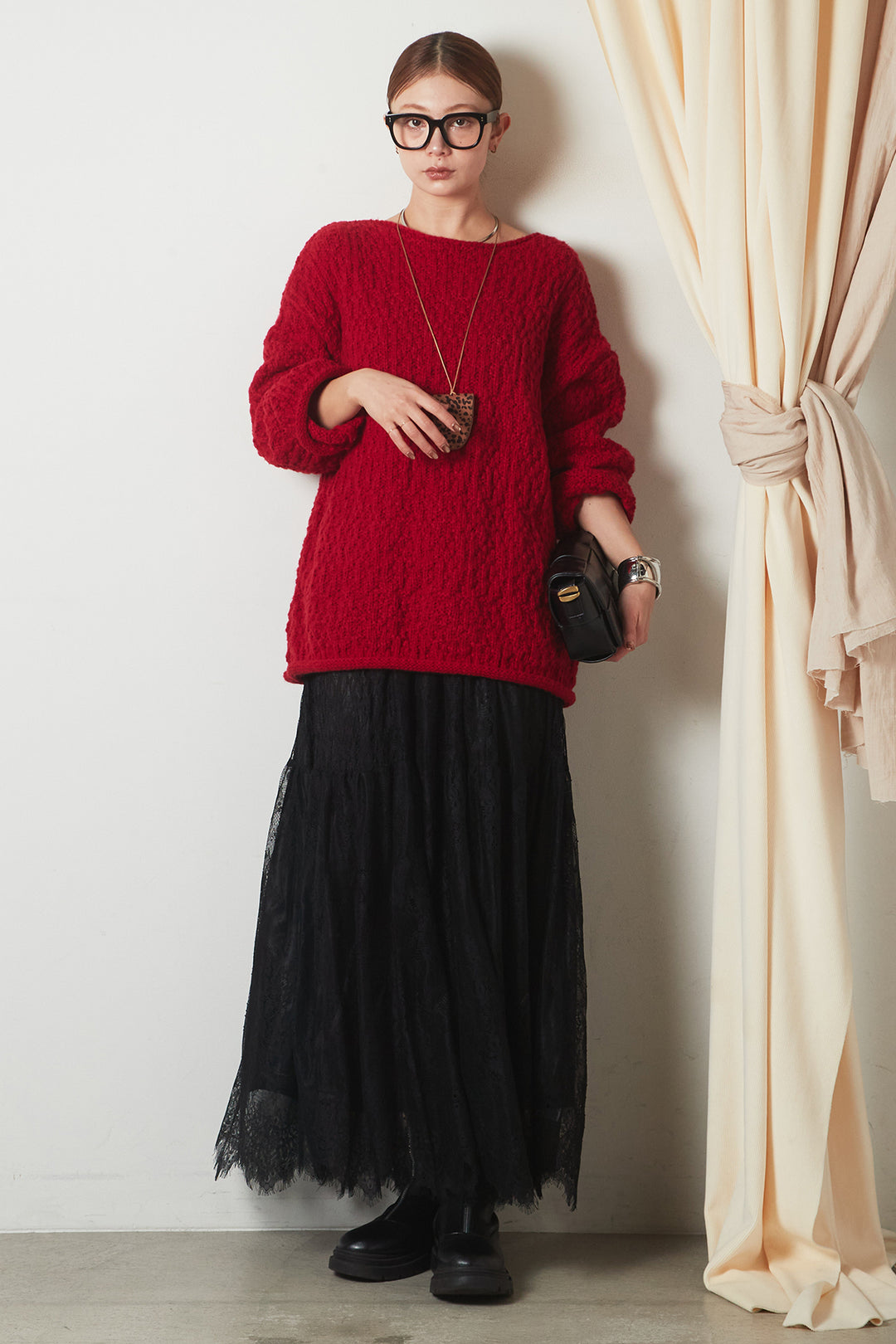 [SET]ボリューム編みニットプルオーバー+ひげレース切替ロング丈スカート(2set)