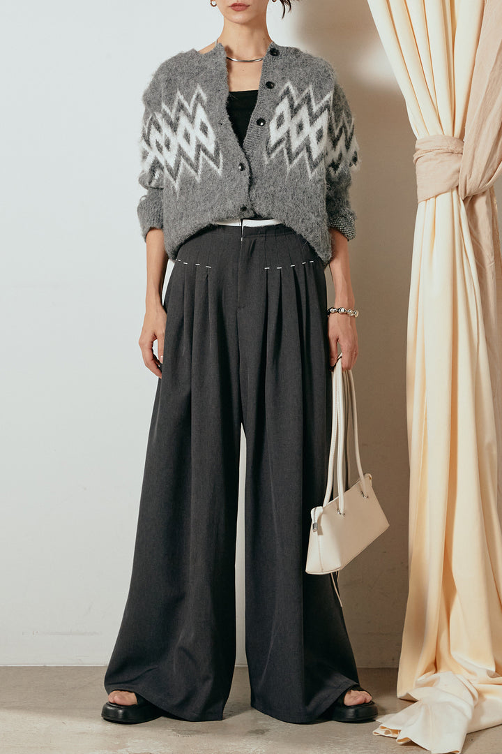 [SET]起毛ノルディック柄ニットカーディガン+ウエストステッチデザインワイドスラックス(2set)