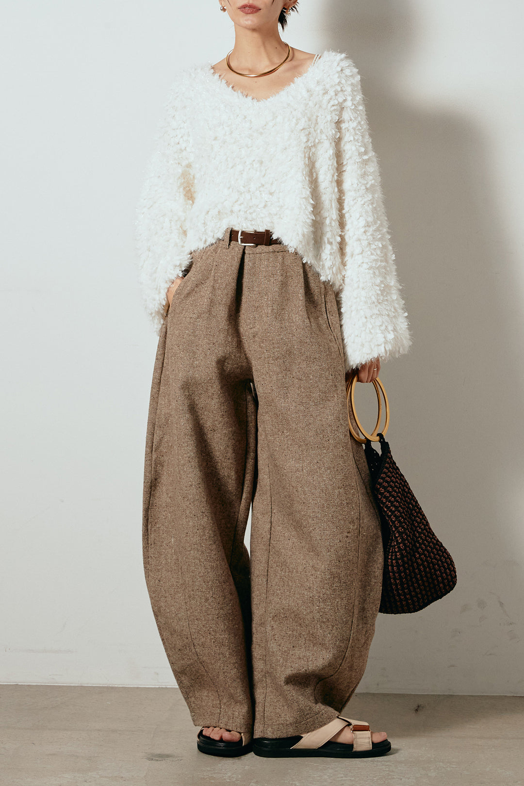 [SET]深Vネックチョウチョヤーンニットトップス+ベルト付きネップツイードカーブパンツ(2set)