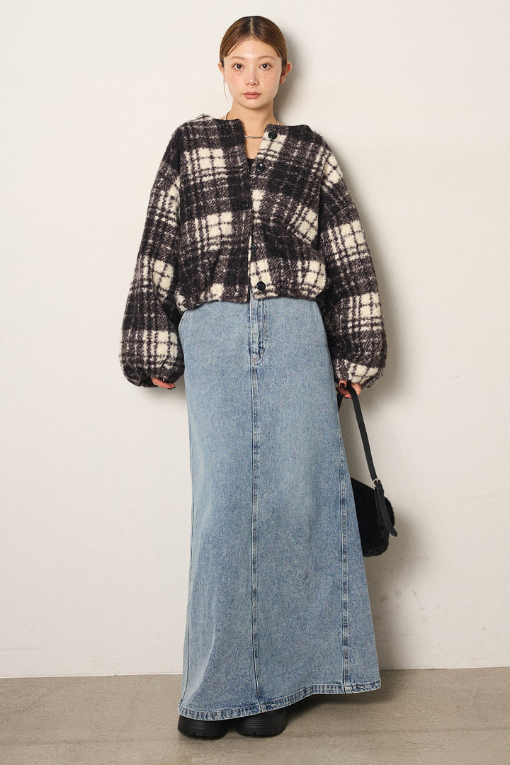 [SET]ノーカラーチェック柄ボアブルゾン+デニムロングフレアスカート(2set)