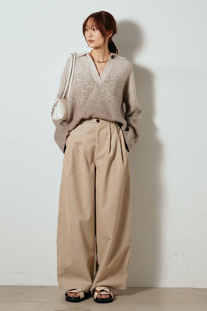 [SET]グラデーションラメニットキーネックプルオーバー+フロントタック入りコーデュロイパンツ(2set)