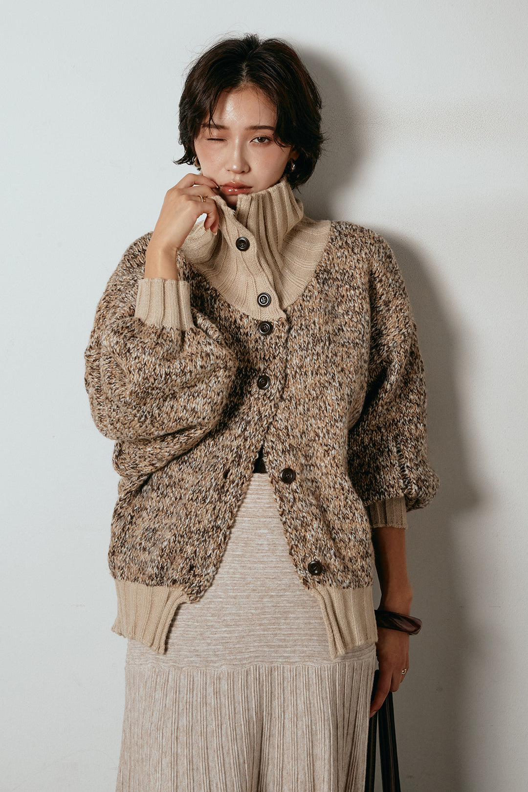 [SET]ハイネックミックスニットカーディガン+編み地切り替えフレアニットスカート(2set)