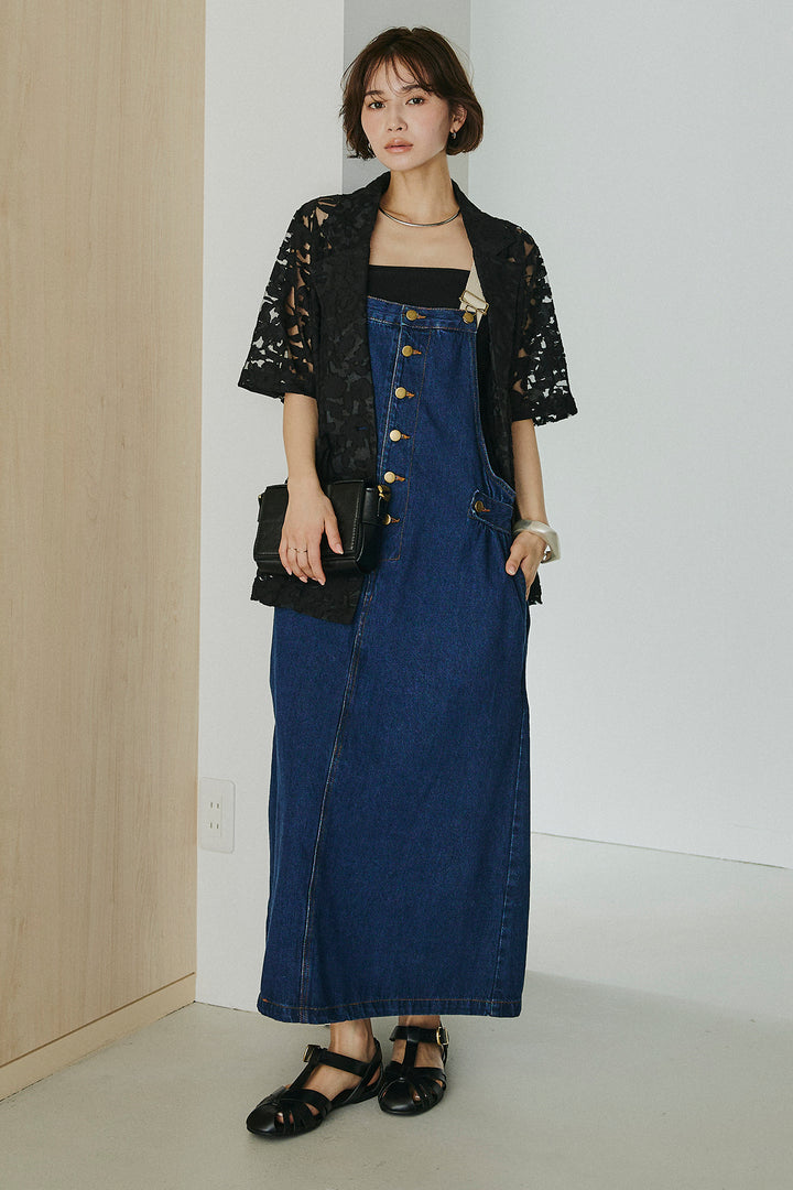 [SET]シアージャガードハーフスリーブテーラードジャケット+配色ショルダーデニムサロペットスカート(2set)