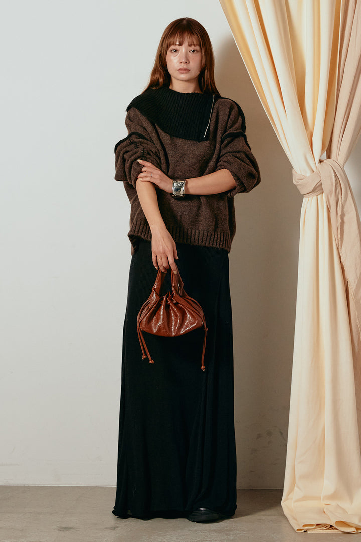 [SET]ハイネックジップデザインニットトップス+サイド切り替えリブニットロングスカート(2set)