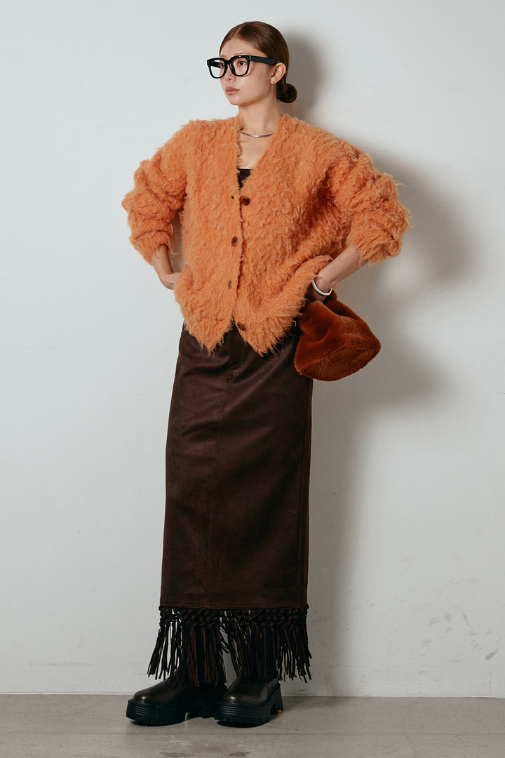 [SET]ルーズシャギーニットカーディガン+スウェードライク裾フリンジスカート(2set)