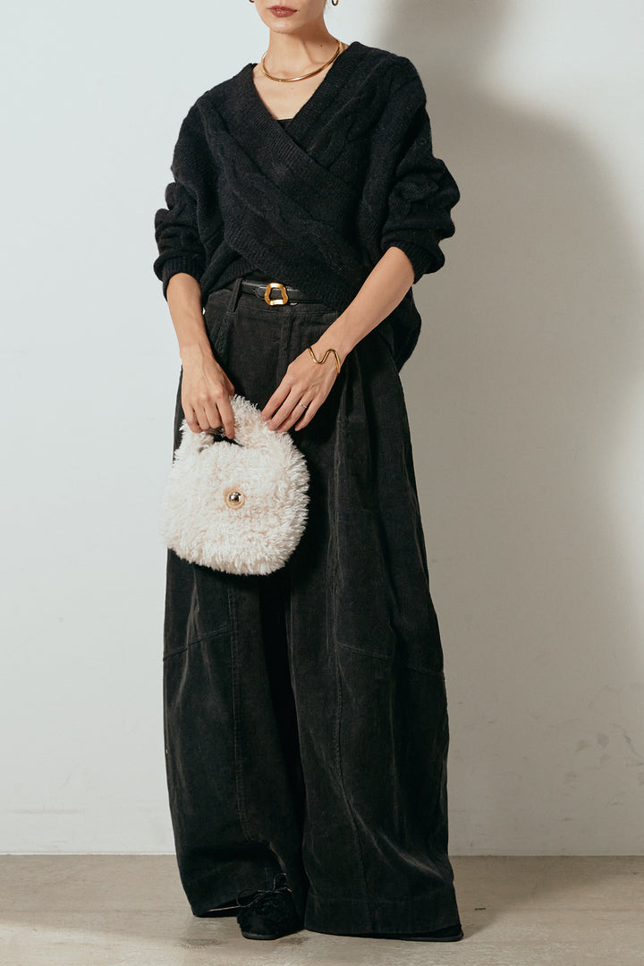 [SET]ケーブルカシュクールニットトップス+タック入りコーデュロイワイドパンツ(2set)