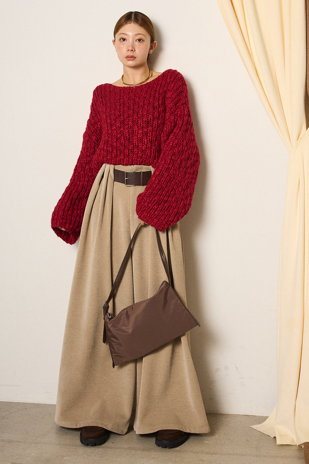 [SET]チャンキースラブニットクロップドプルオーバー+ベルトループコーデュロイワイドパンツ(2set)