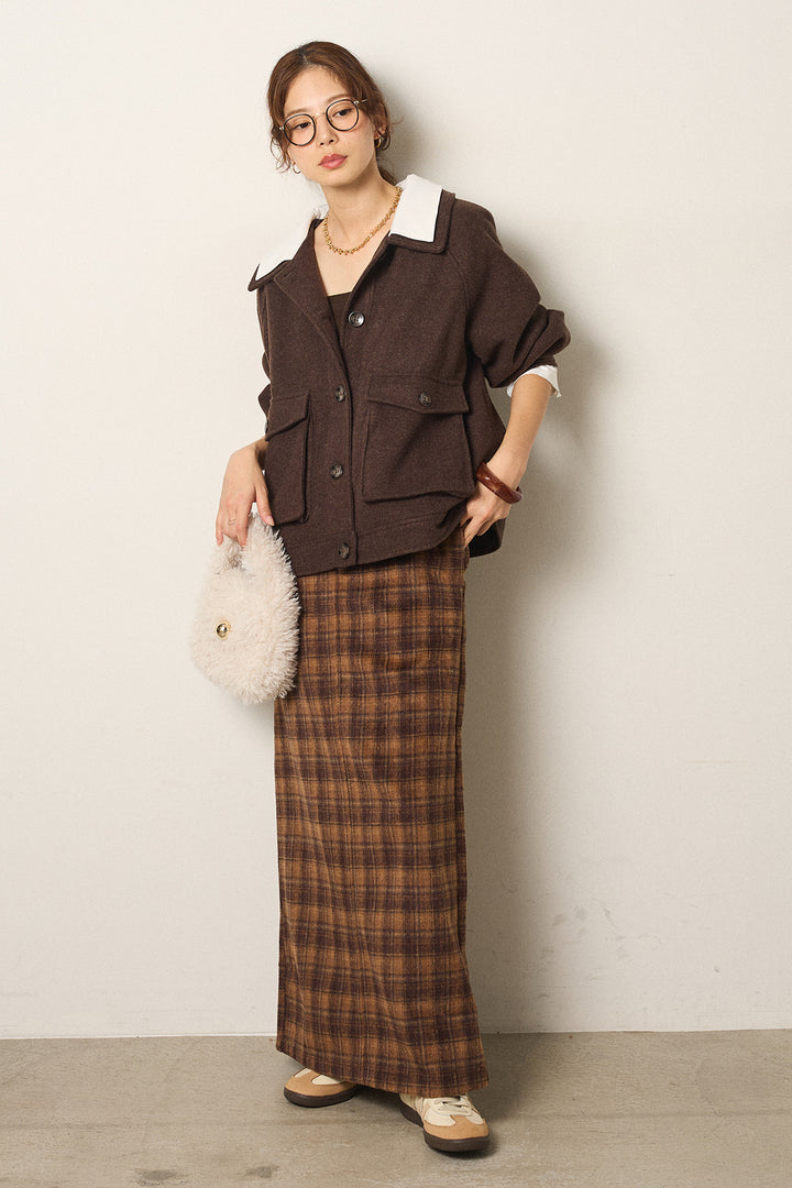 [SET]衿レイヤードフェイクウールジャケット+シャギーチェックストレートスカート(2set)